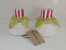 Creative Co-op Stoneware Red White Stripe Candle Holder Set Of 2 New With Tags