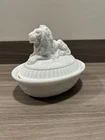 Vintage Milk Glass Lion Lid Bowl Marked Pat’d. Aug. 6, 1889