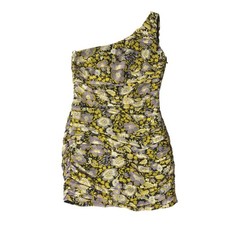 Zara Womens One Shoulder Ruched Floral Mini Dress Yellow Purple Metallic Medium