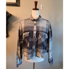 BDG Urban Outfitters Caleb Black White Cropped Flannel Shirt SZ Large