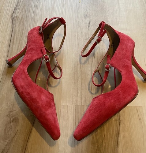 Escarpins neufs Ann Taylor bride cheville cuir daim taille 8,5 rouge double sangle talon 3" - Photo 4/9