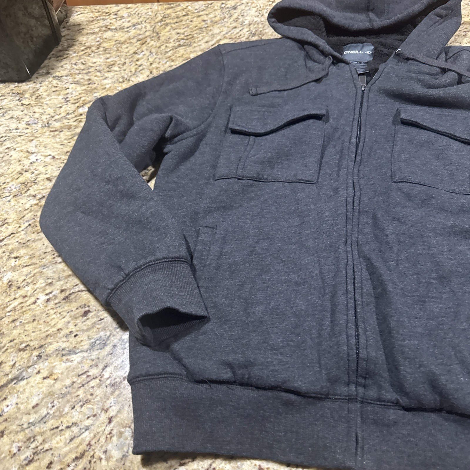 Y2K O'Neill Plaid Fleece Full Zip Hoodie Men’s Medium Black Sherpa Lined Cpix image 2