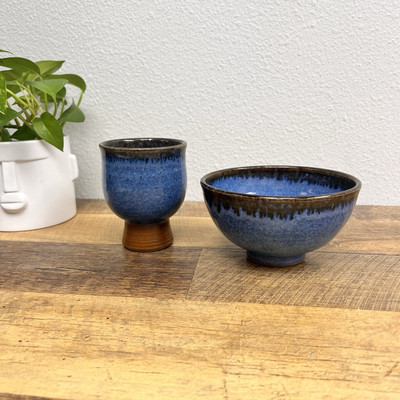 Studio Artist Signed   D Stoneware Pottery Bowl & Cup Two Tone Color Blue