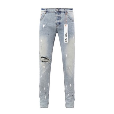 Light Blue Purple Brand Men's Personality Distress Splash-Ink Slim Fit Jeans