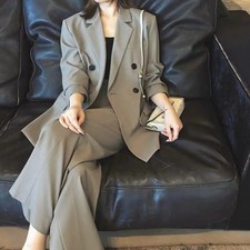 New Women's Wool Blend Double Breasted Suit Jacket Business Formal Cotton Pants