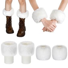 Women's Winter Faux Fur Fuzzy Wrist Cuffs Warmers and Boot Cuffs White