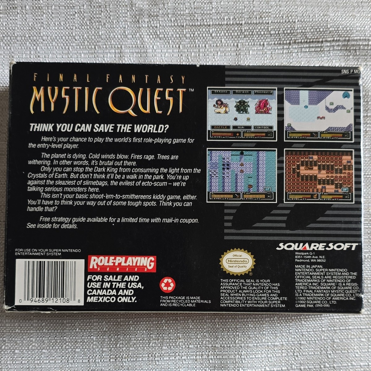 Final Fantasy: Mystic Quest SNES Complete Set with Box, Manual