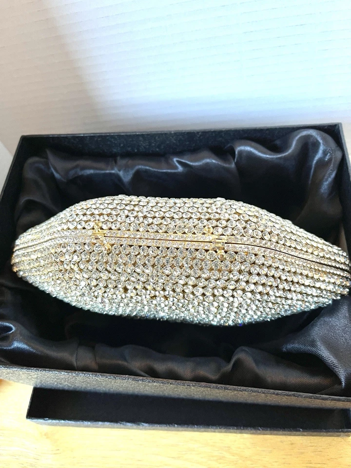Bolso sin asas para labios con estrás de cristal Bolso de hombro de noche Forro dorado Bolso extra Brillante Foto 2 de 4