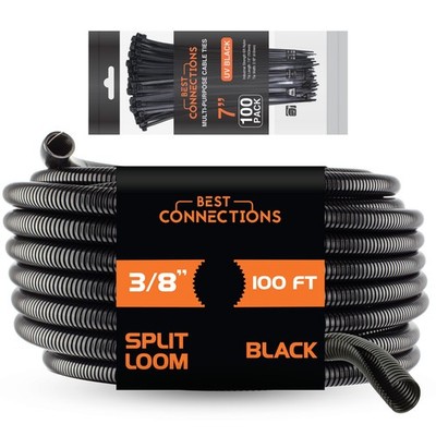 Best Connections 100ft 3/8'' Loom Tubing & 100 Pcs 7'' Zip Ties Black Flex-Guard