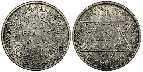 Morocco Mohammed V Silver AH1372 1953 100 Francs Y# 52 (20 830) - Picture 1 of 3