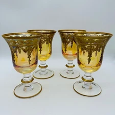 Vtg. Set of 4 Arte Italica Vetro Gold on Gold Water Wine Goblet Glass Very Rare