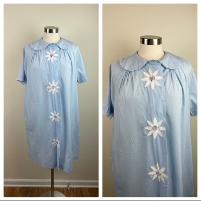 Vintage Handmade Blue Floral Button Night Gown Women Boho Hippie