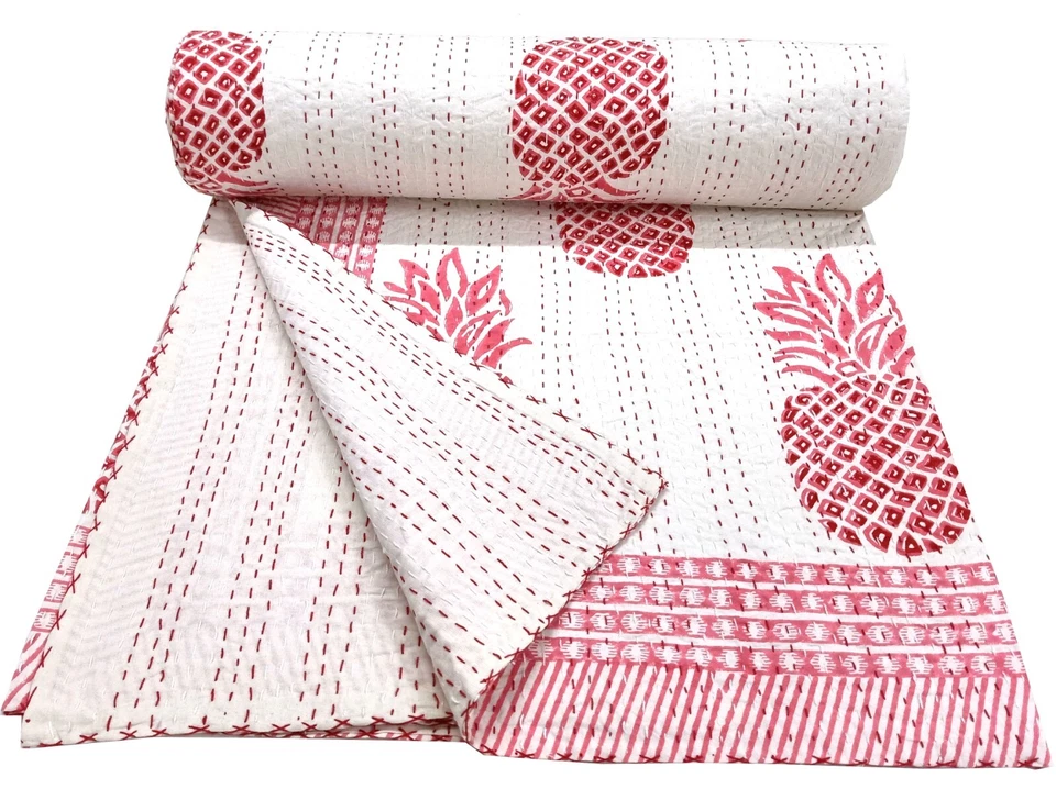 Floral Hand Block Printed Kantha Throw, Indian Soft Cotton Kantha bed/Sofa Quilt - Image 2 of 4