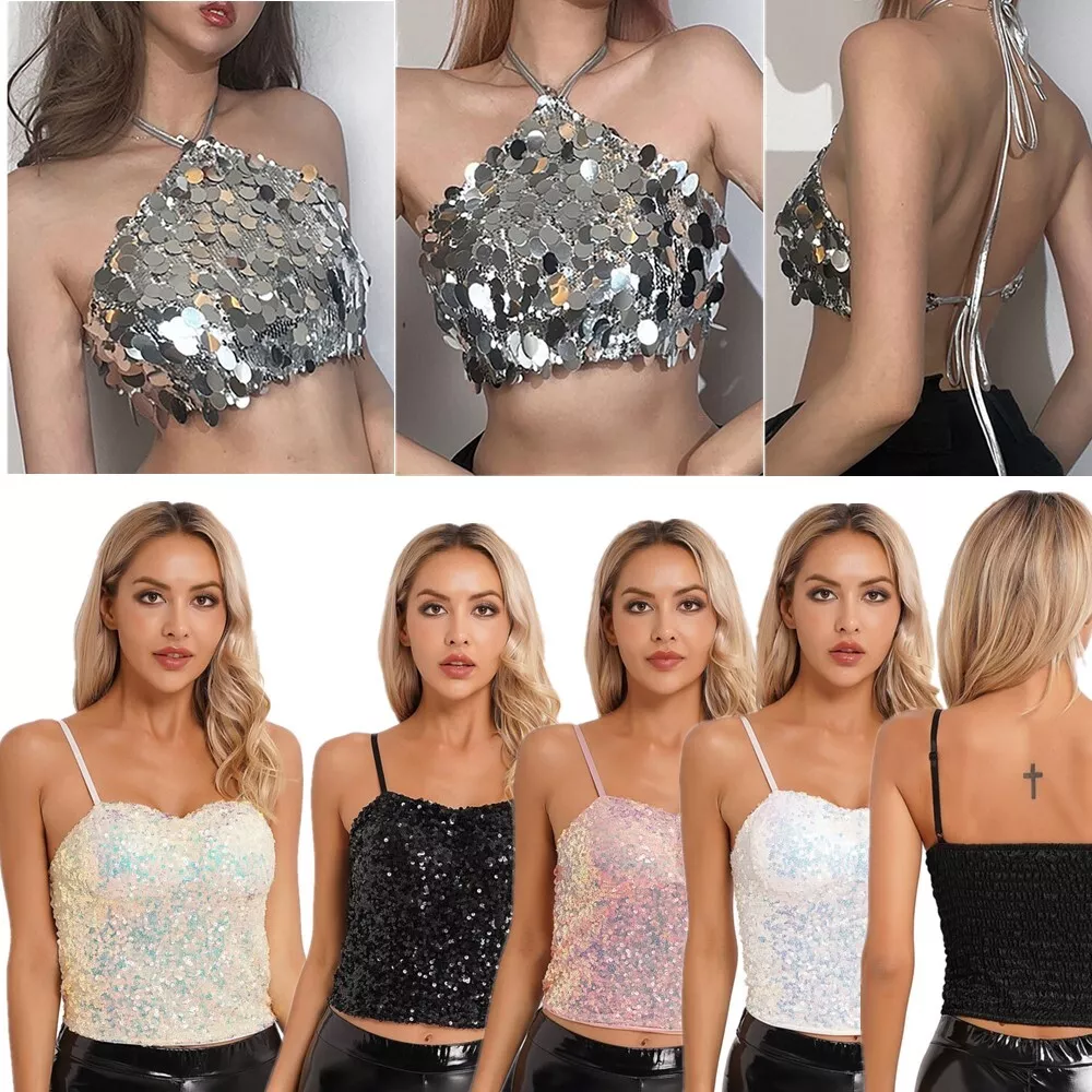 Women Sparkling Tank Top Sequins Halter Neck Backless Crop Sleeveless  Clubwear