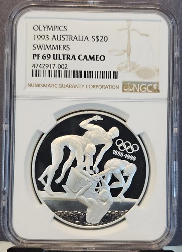 1993 AUSTRALIA SILVER 20 DOLLARS S$20 SWIMMERS NGC PF 69 ULTRA CAMEO