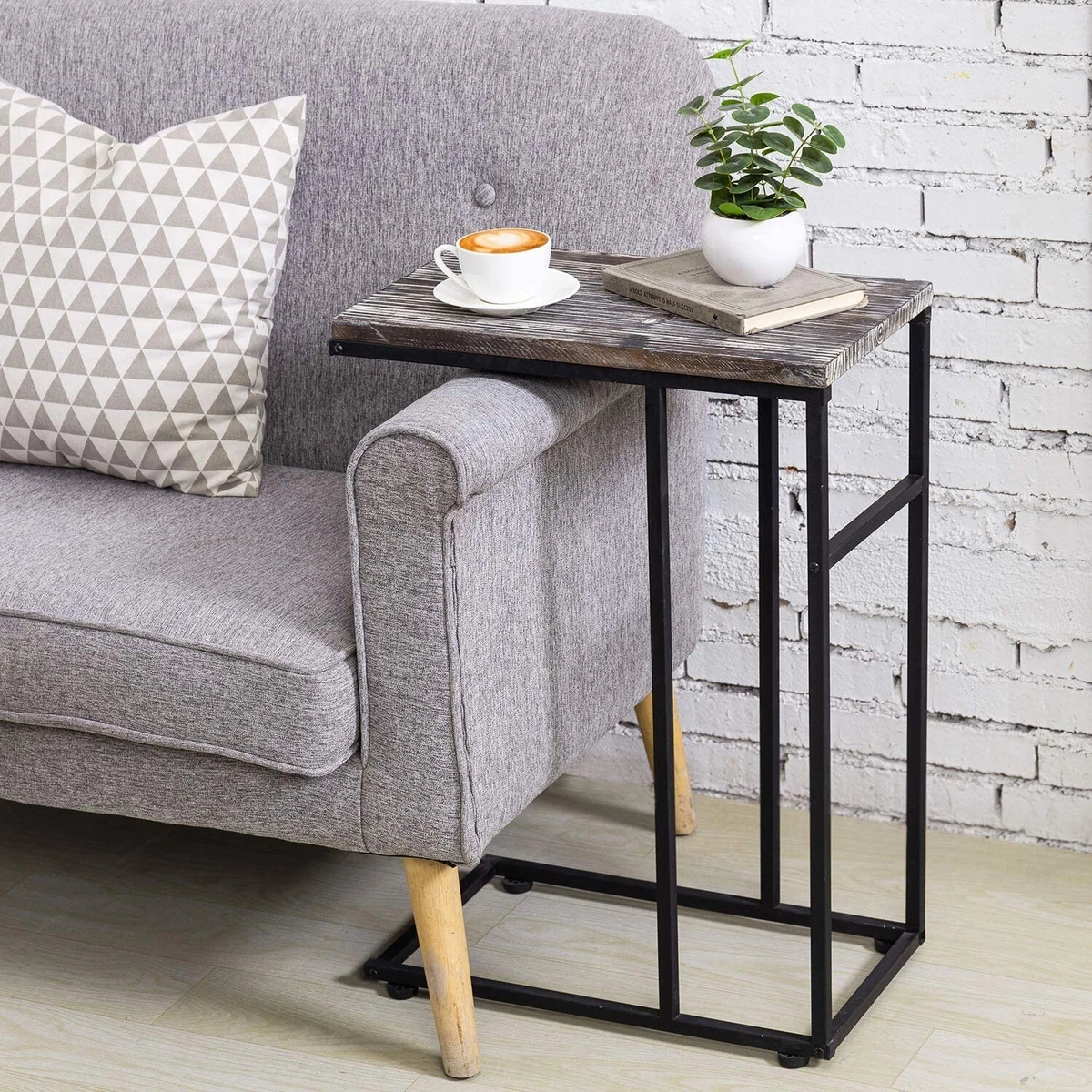 26 Inch End Table Torched Wood Under Couch Side Table w Black Metal Leg Frame