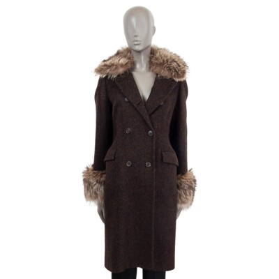 67145 auth LORO PIANA dark brown & black alpaca FUR TRIM Coat