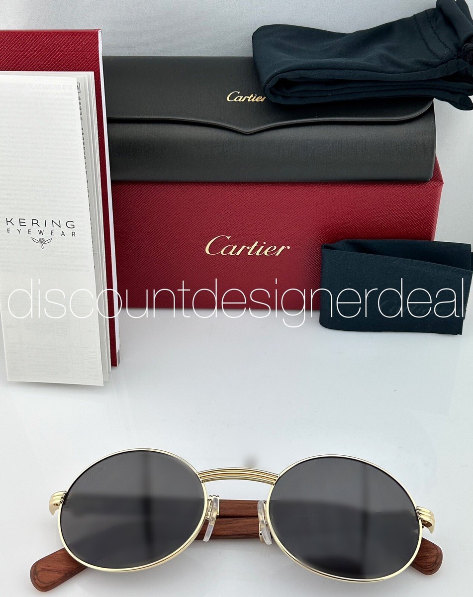 Cartier Oval Sunglasses Yellow Gold Frame Brown Wood Gray