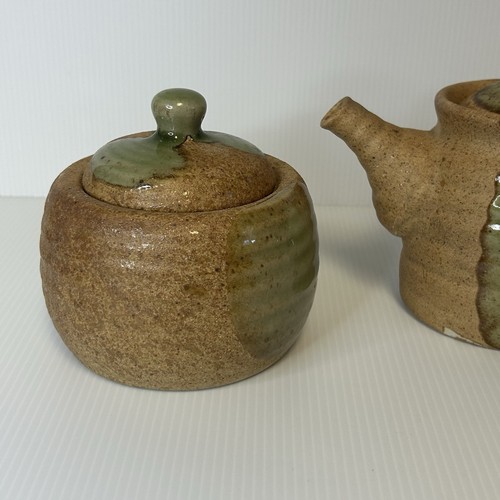 Pottery Sugar & Creamer Server Set Brown Glaze with Green Drip Vintage MCM - Picture 3 of 9