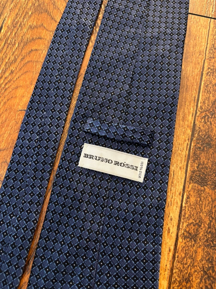 Corbata vintage para hombre Bruno Rossi 100 % seda estampado azul geométrico hecha a mano Foto 3 de 4