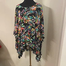 Tinibikini Tropical Rainbow Floral Swimsuit Coverup Poncho with Pom Poms L/XL