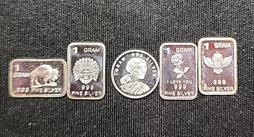 5 x 1 Gram .999 Fine Silver Bars and Round Lot Assorted Designs. Unique & Fun:)