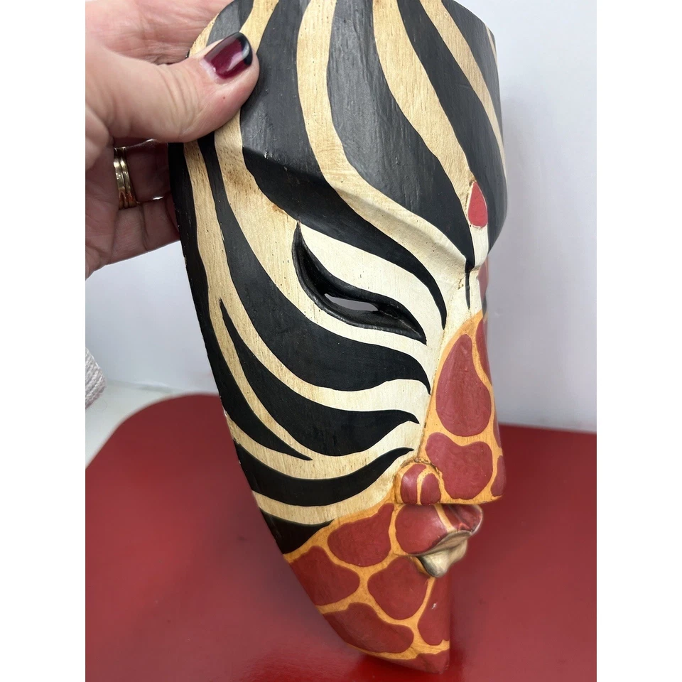 Hand Carved Wooden African Tribal Mask Zebra Giraffe Design Wall Decor - Image 3 of 4