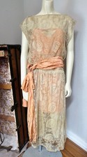 1920s Antique Filet Lace  Devore Silk Flapper Gown Ecru and Peach 35 Bust