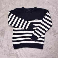 DKNY Kids Navy Striped Logo Sweater Preppy Coastal Chic Knit Crewneck