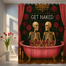 Funny Halloween Shower Curtain with Skeletons and Roses