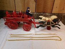 Vintage 1990's Cast Iron Fire Patrol Horse Drawn Wagon with 4 Firemen and Driver