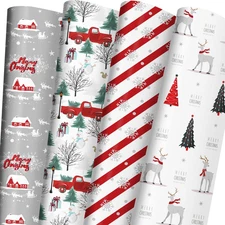 Christmas Wrapping Paper Bundle - Reindeer, Stripes, Snowflakes, Red Truck - 6 J