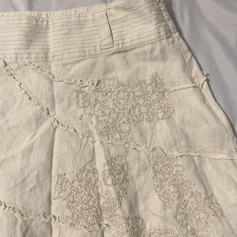 Linen Rayon Blend Skirt Sz 3 Beige Earthy Boho Hippie Floral Embroidery Neutrals - Image 4 of 4