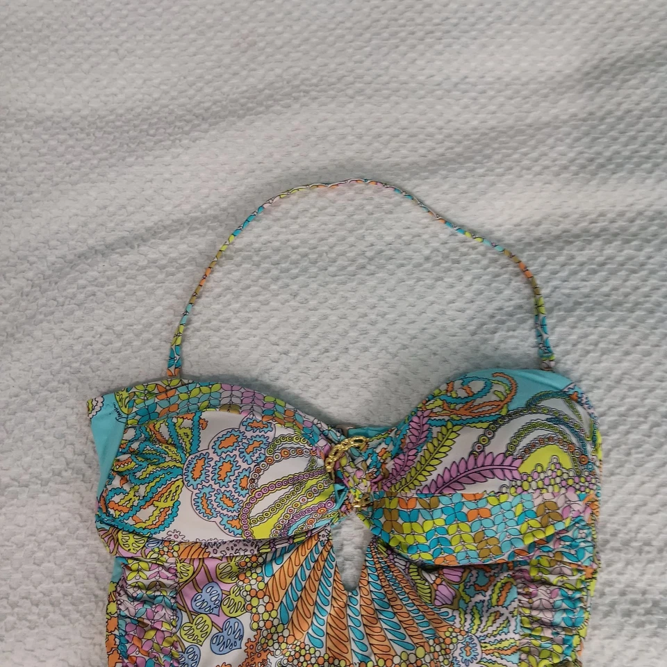 Trina Turk Coral Reef Bandeau One Piece Swimsuit Size 12 Colorful Ruched Halter - Image 4 of 4