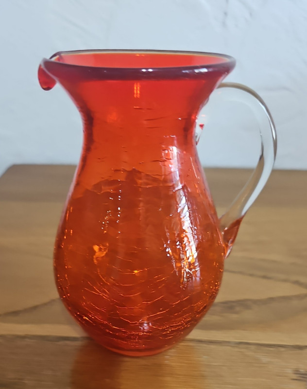 Vintage Pilgrim Glass Blown 5.75" Orange Crackle Creamer Pitcher Vase Amberina