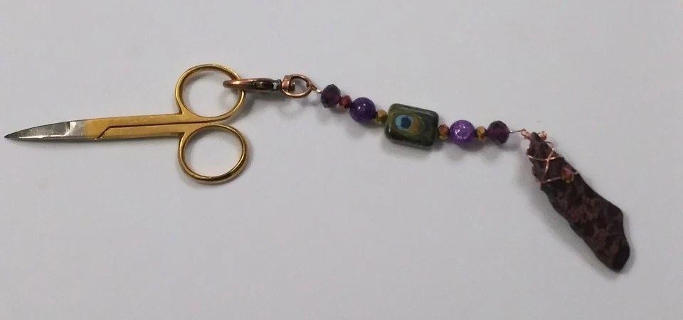 Purple & Copper Peacock Wire Wrap Stone Fob & Gold Plated Embroidery Scissors - Image 3 of 3