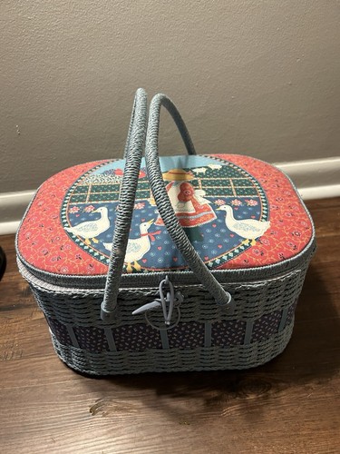 Vintage Azar Large Blue Rafia Sewing Basket With Adjustable Handles Picnic Style