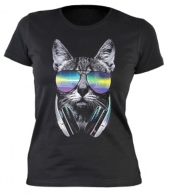 Damen T-Shirt Neon DJ Cat Shirts 4 Girls Lady-Shirt witziges Frauen-Geschenk
