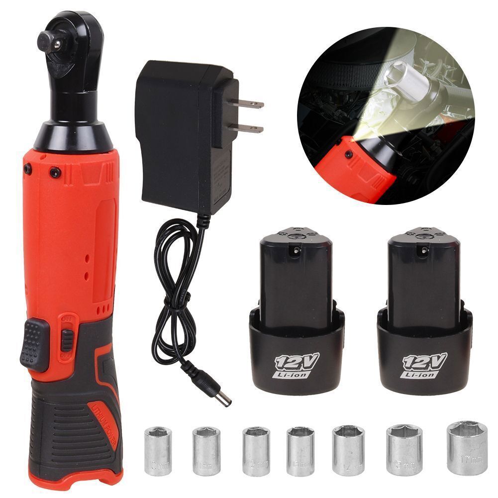 Electric Cordless Ratchet 3/8" Right Angle Wrench Impact Power Tool + 2 Battery