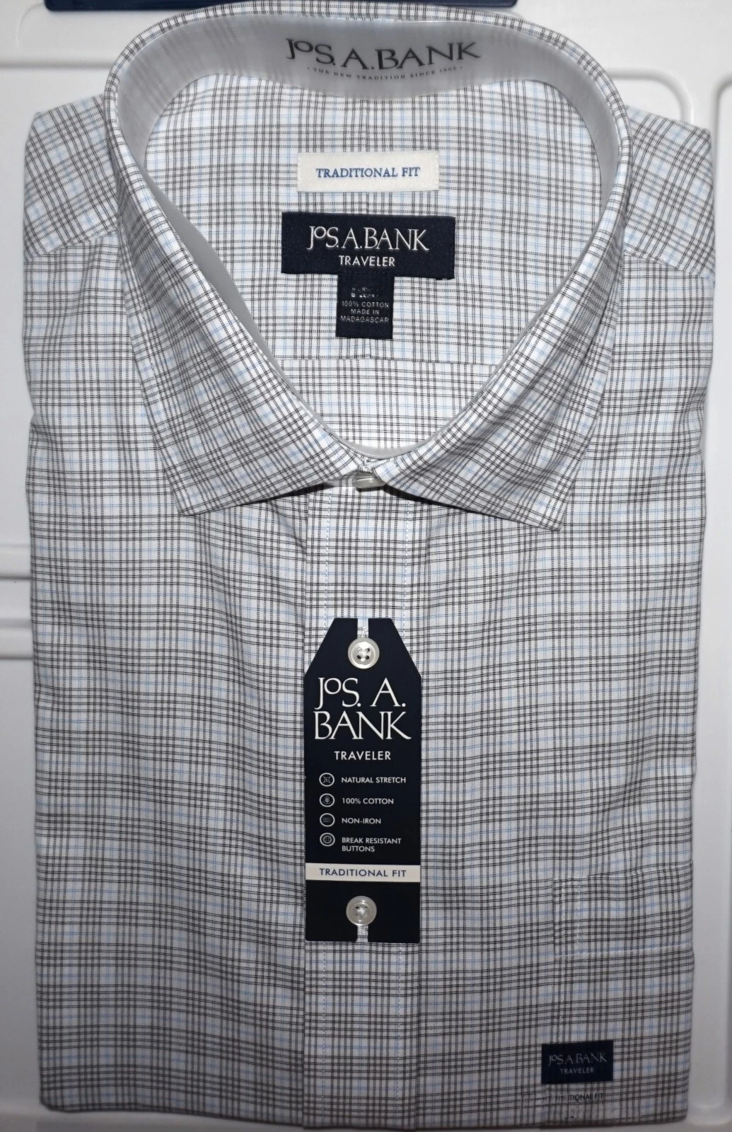 Jos A Bank Traveler Dress Shirt 17 - 32/33 Traditional Fit Navy Check NWT (AQ)