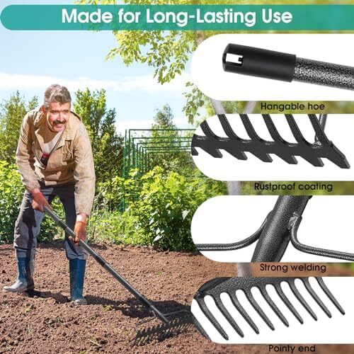 Rake, 49 Inch Garden Bow Rake with 17 Tines, Heavy Duty Raking Tool for ...