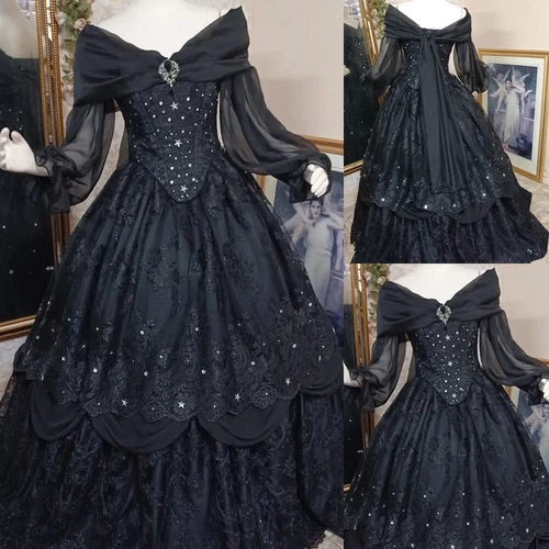 Vintage Gothic Black Wedding Dresses Off the Shoulder Long Sleeves Bridal Gowns - Picture 1 of 10