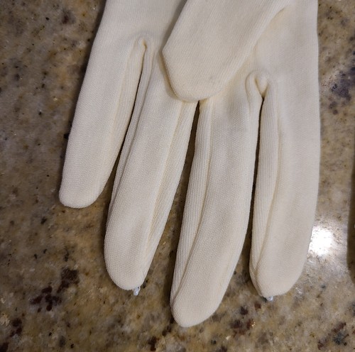 New? Vintage One Size Fits Cream Stretch Nylon Formal 8" Gloves Silver Tone Bead - Picture 7 of 17
