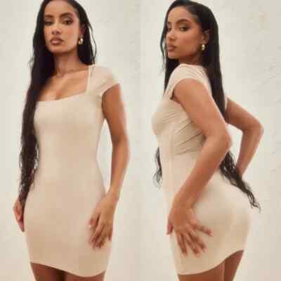 PrettyLittleThing Cream Suede Square Neck Cap Sleeve Bodycon Mini Dress NWT  10 | eBay