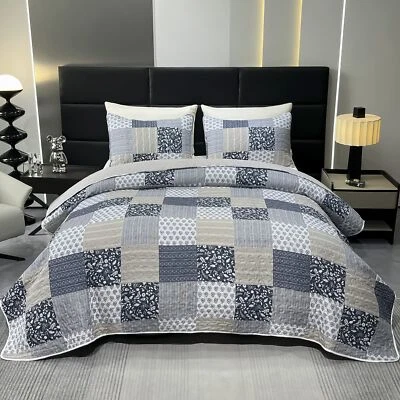 VIVILINEN Oversized King Size Quilt Set 128x120 Grey Plaid Patchwork Extra Wide Super K...