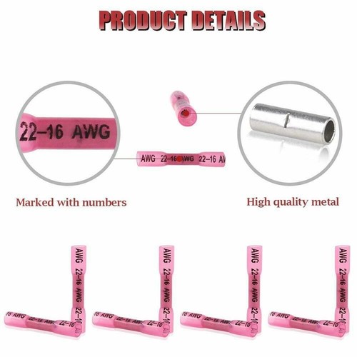 1000 STCK. Rot Hitzeschrumpf Butt Draht Stecker Crimp Spleiß Klemmen Kit 16-22 AWG - Bild 2 von 7
