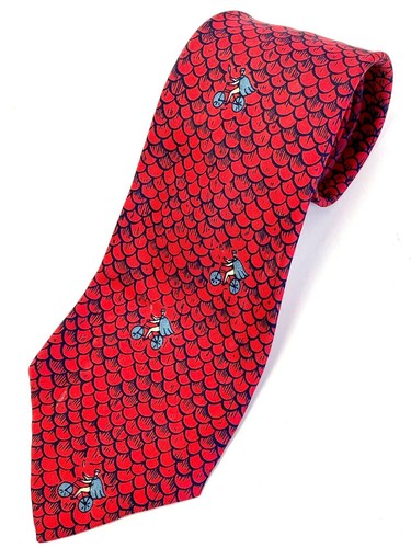 Vtg 40 50’s Paris Red Silk Rockabilly SWING Roof Top BICYCLIST Art Deco Necktie