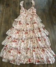 IEENA For Mac Duggal Floral Ruffled Tiered Maxi Dress Gown Pink Romantic Size 12