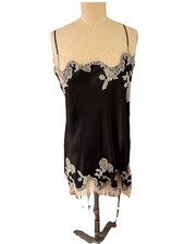 VTG Victoria  s Secret Black Satin Lace Slip Dress Slit Chemise M Fits Like S