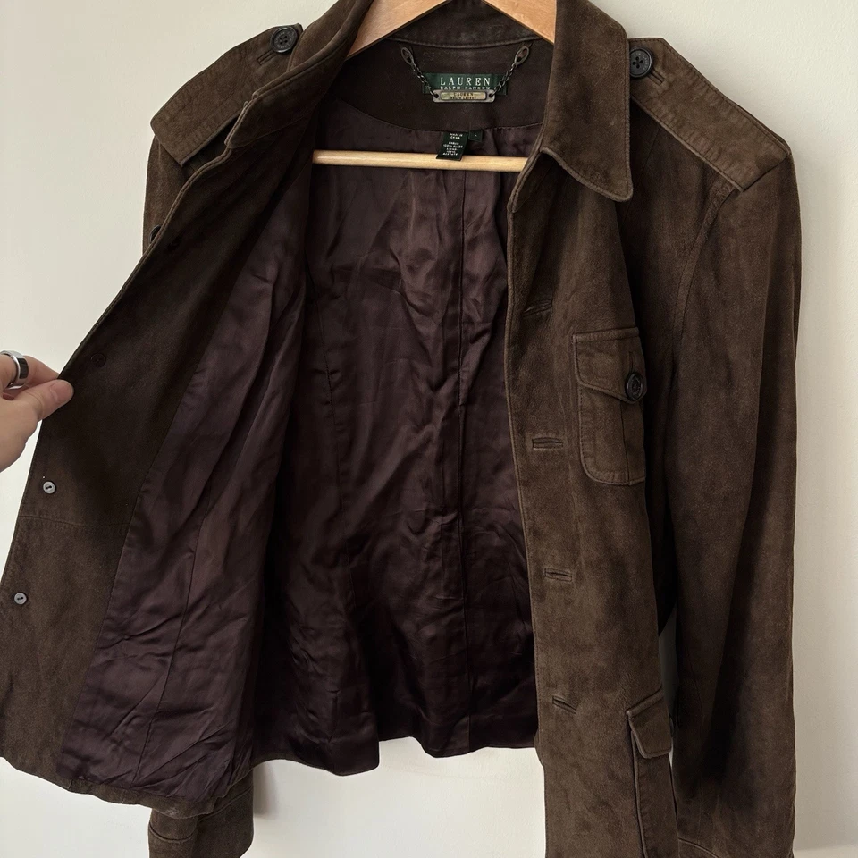 Ralph Lauren 100% замша куртка женщин большой темно шоколадный коричневый военный - Изображение 4 из 4